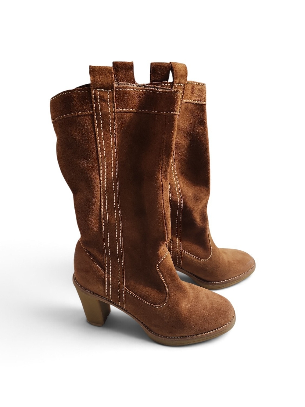 ZARA Suede Heeled Boots Women 37 Brown Western Contrast Stitch Boho Western Retr